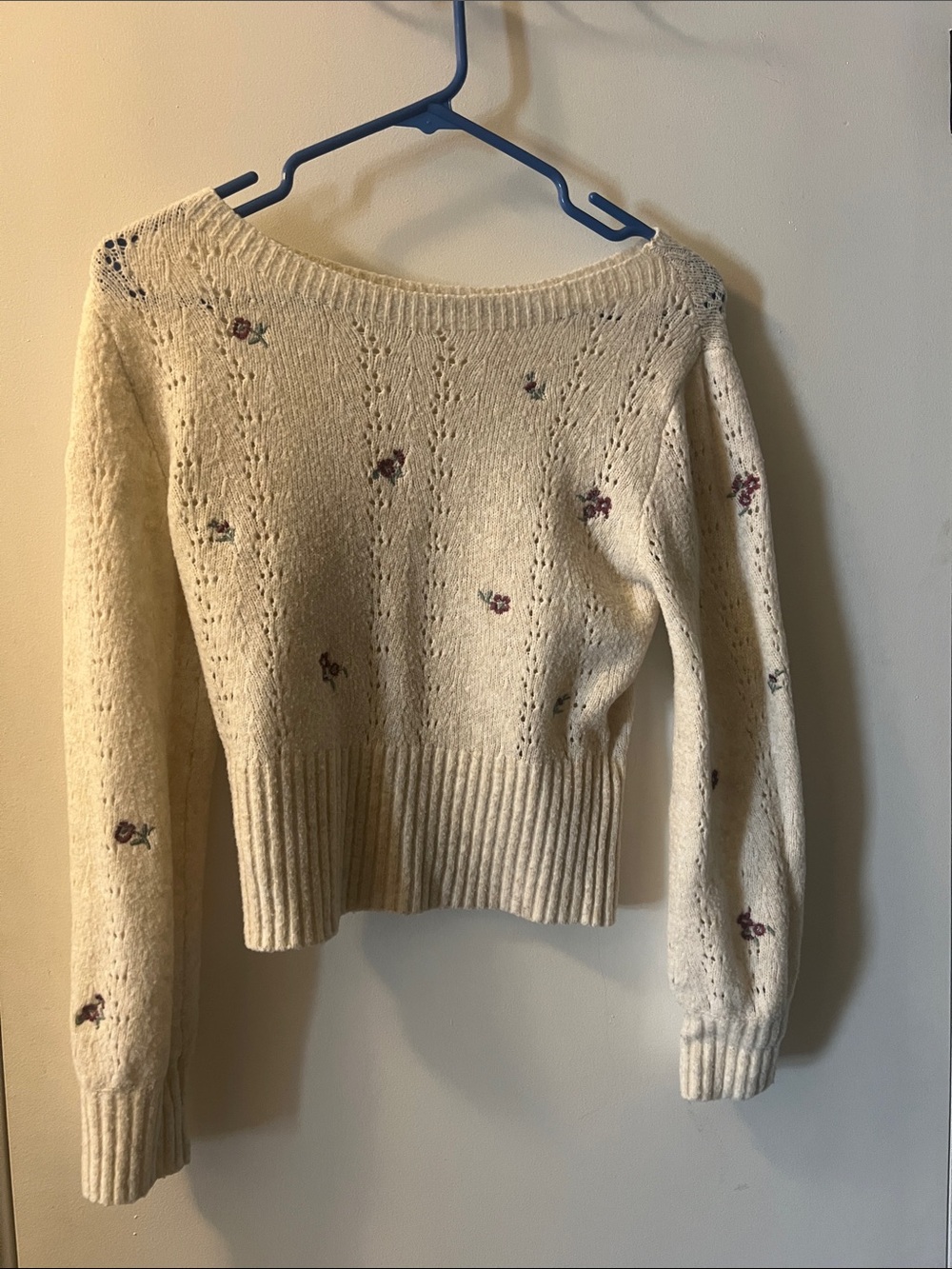 abercrombie kids Cream Sweater with Tiny Pink Floral Embroidery
